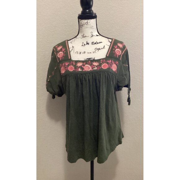 Time and Tru Green Boho Square Neck Embroidered Top W/Pink Floral Details - Picture 1 of 6